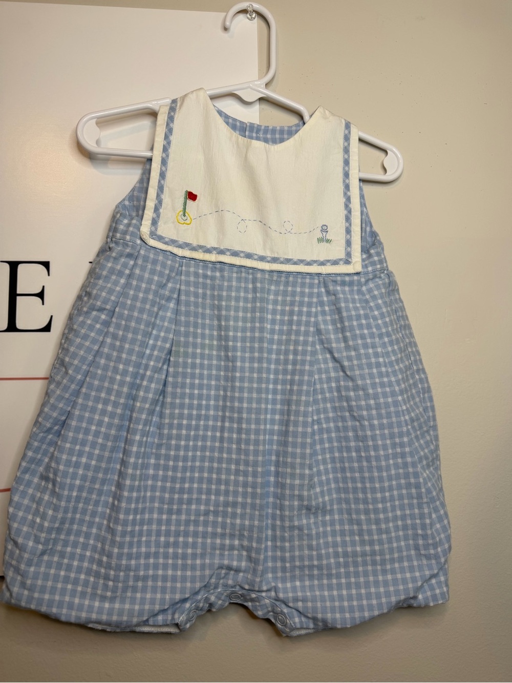 Luli & Me Light Blue Gingham Sailor Bib Romper